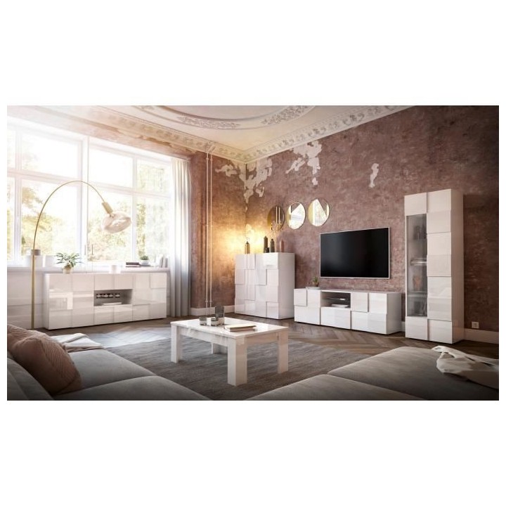 Buffet MILANO - Décor blanc laqué brillant - 2 portes 2 tiroirs - L1