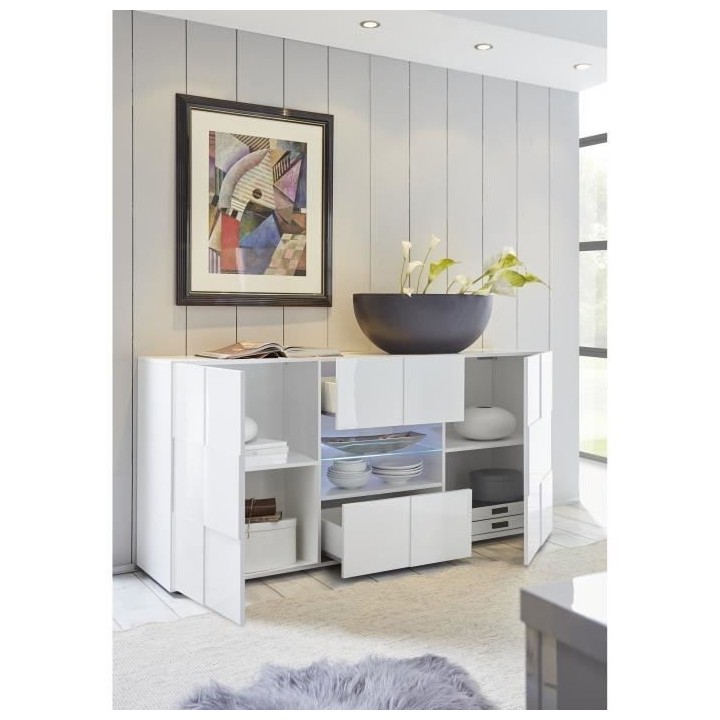 Buffet MILANO - Décor blanc laqué brillant - 2 portes 2 tiroirs - L1