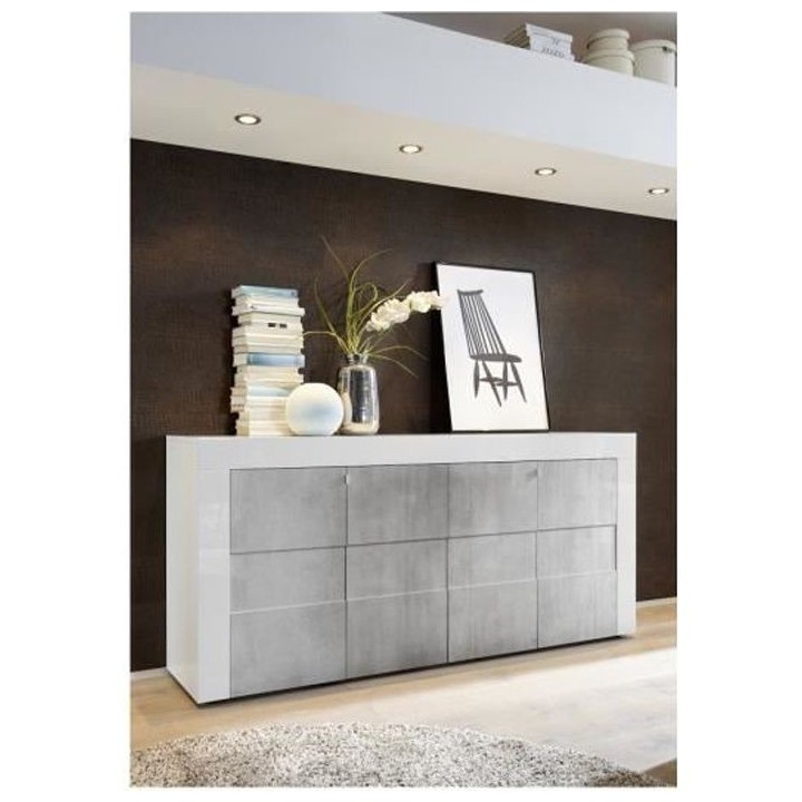 Buffet - Blanc laqué brillant et effet Béton mat - Style contemporai