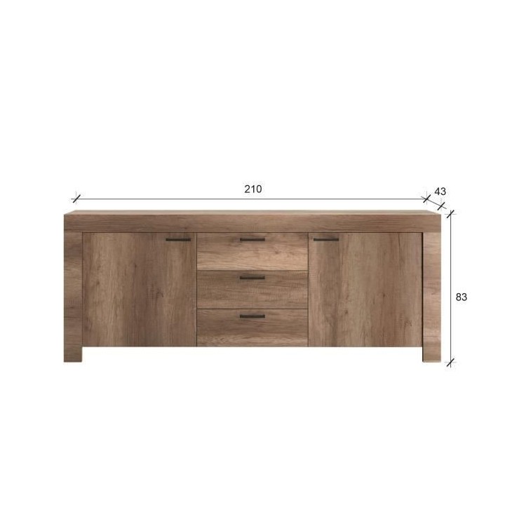 Buffet BRERA - Chene - 2 portes + 3 Tiroirs - L 210 x P 43 x H 83 cm