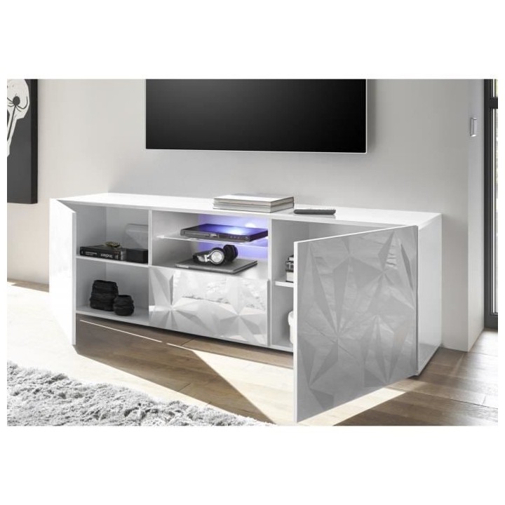 Meuble TV - Blanc Laqué brillant - L 181 x P 43 x H 57cm - PARIGI