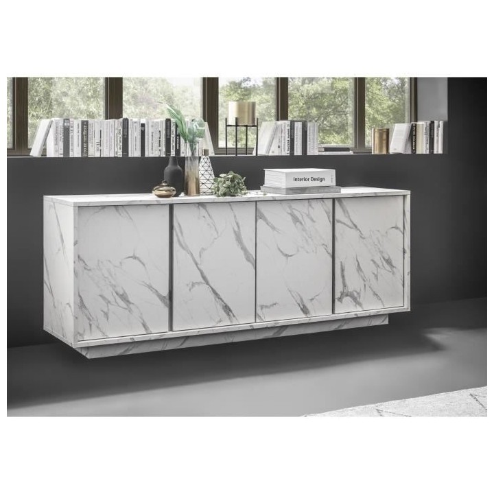Buffet - Marbre blanc - Style chic - 4 portes - MARMO - L 180 x P 43 x
