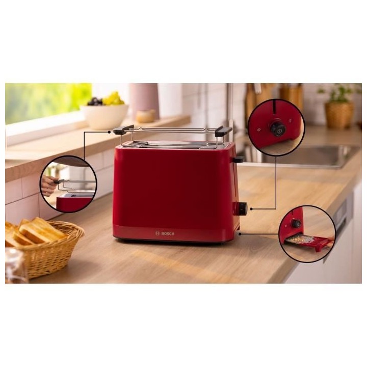 Toaster - BOSCH - TAT3M124 MyMoment - Rouge mat - 2 tranches - centrag