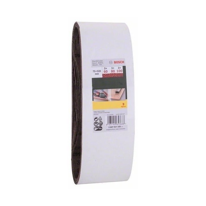 Set de 9 abrasifs pour Ponceuse a bande 74x533 Grain 60/80/100 - BOSCH