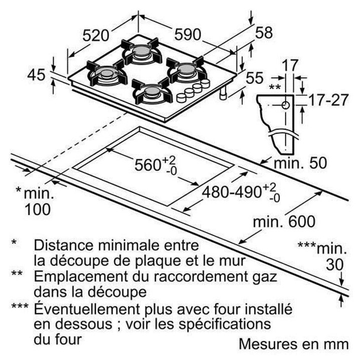 BOSCH POP6B6B10 Plaque de cuisson gaz - 4 foyers - 7400W - L56 x P48cm