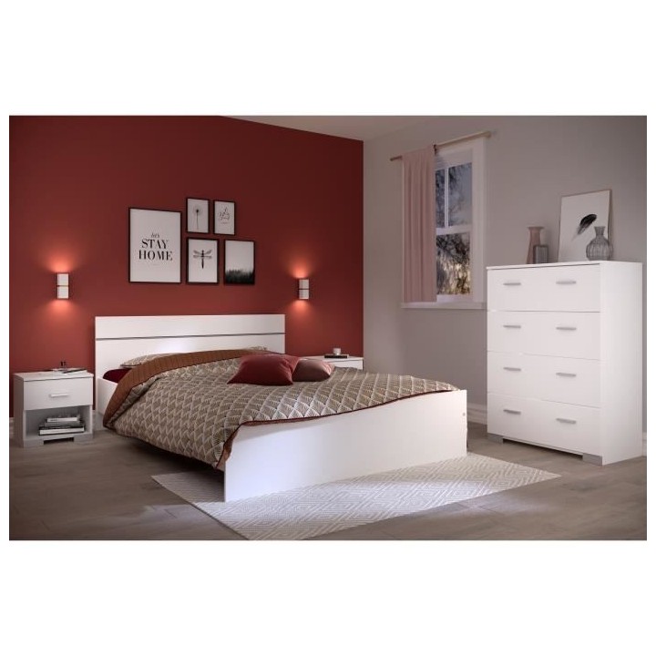 Chambre complete BOSTON : Lit adulte 140x190 + Commode + 2 Chevets - D