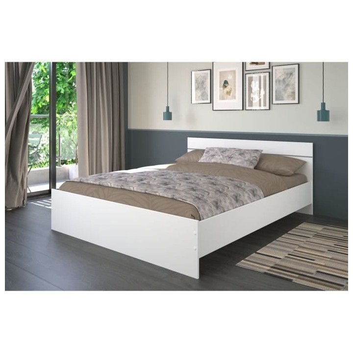 Lit adulte BOSTON 160x200 - Décor blanc - Fabriqué en France