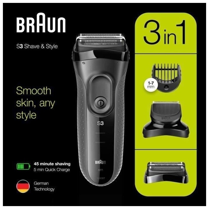 Rasoir électrique sans fil BRAUN Series 3 Shave&Style 3000BT - outil