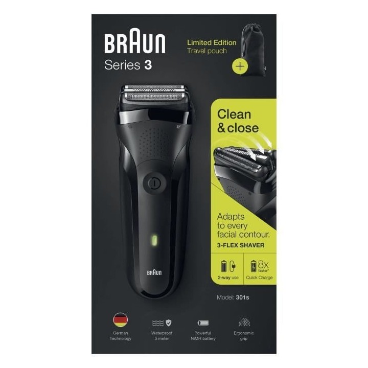 Rasoir électrique BRAUN Series 3 301s - sans fil - avec étui - noir