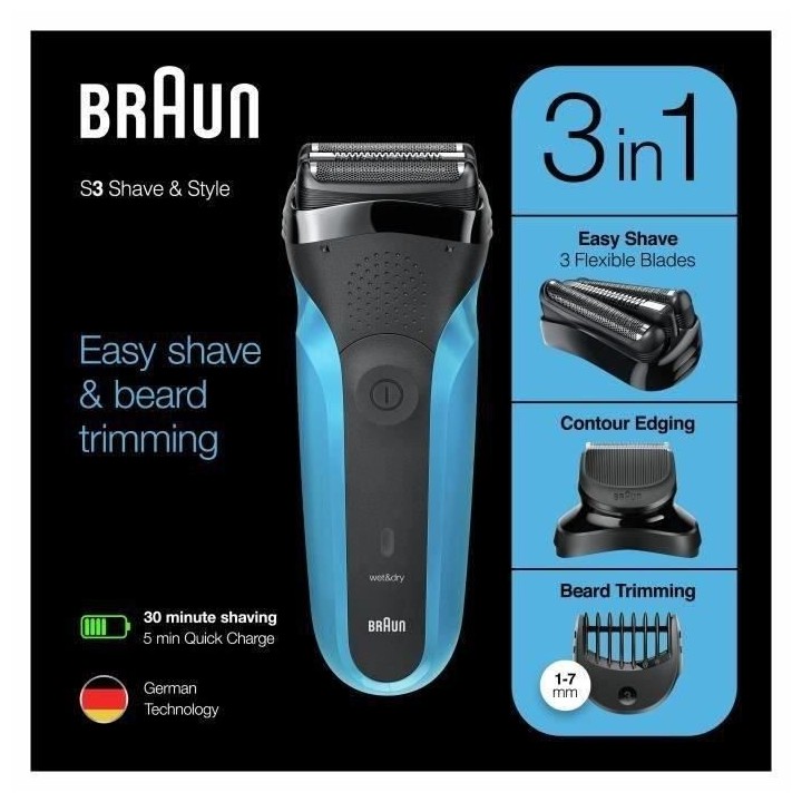 Rasoir électrique sans fil BRAUN Series 3 Shave & Style - 3 lames fle