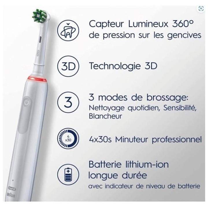 Brosse a Dents Électrique Oral-B Pro 3 3000 Blanche - 2 Brossettes -