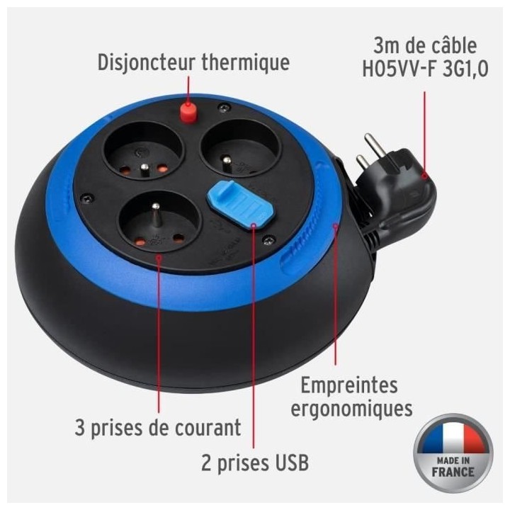 Enrouleur de câble DESIGN BOX CL-S BRENNENSTUHL 3m - 3 prises + USB -