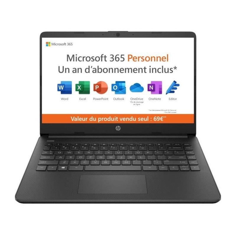 PC Portable - HP 14s-dq0045nf - 14 HD - Intel Celeron - 4 Go - Stockage 64 Go - Windows 11 - Office 365 Licence 1 an - AZERTY