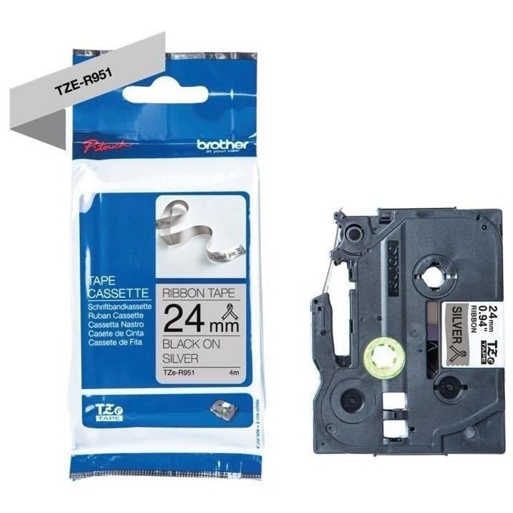Ruban BROTHER - TZER951 - 24mm noir sur gris - Qt 1