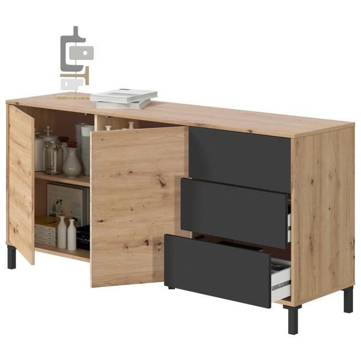 Buffet 2 portes 3 tiroirs - Panneaux de particules mélaminé - Chene