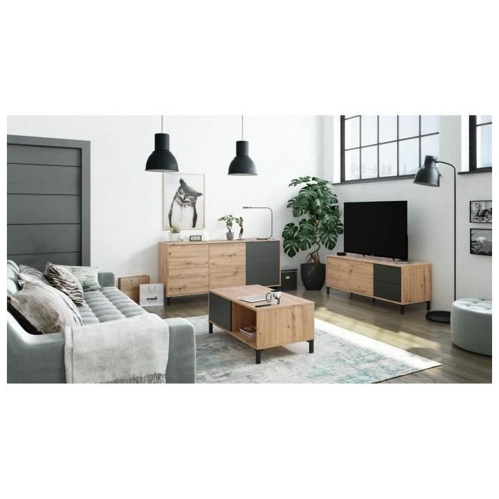 Buffet 2 portes 3 tiroirs - Panneaux de particules mélaminé - Chene