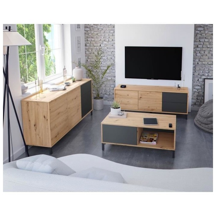 Buffet 2 portes 3 tiroirs - Panneaux de particules mélaminé - Chene