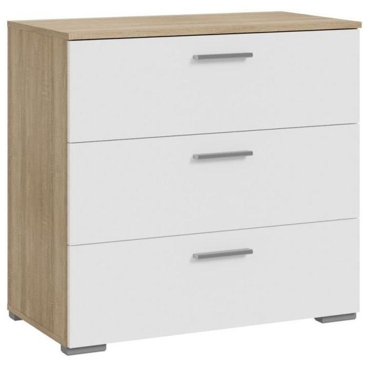 Commode BASJANA - 3 tiroirs - Décor chene sonoma et blanc mat - L80,2