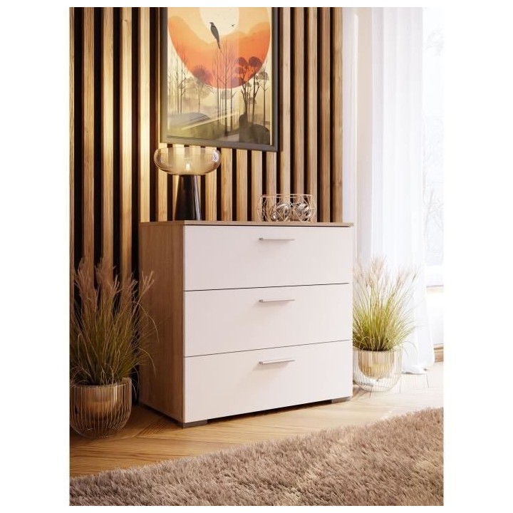 Commode BASJANA - 3 tiroirs - Décor chene sonoma et blanc mat - L80,2