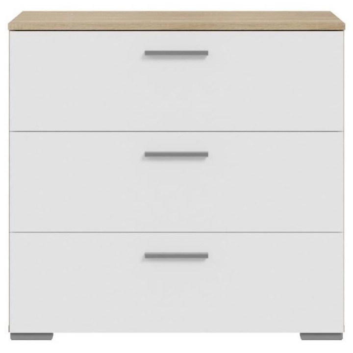 Commode BASJANA - 3 tiroirs - Décor chene sonoma et blanc mat - L80,2