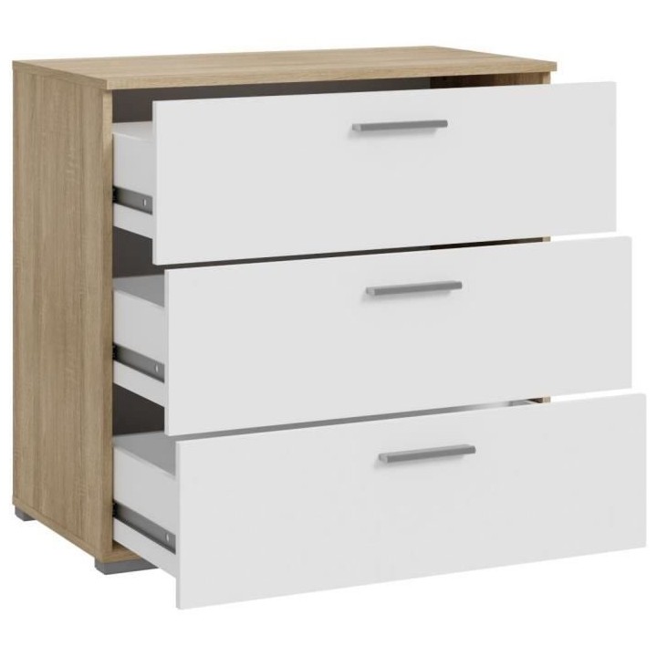 Commode BASJANA - 3 tiroirs - Décor chene sonoma et blanc mat - L80,2