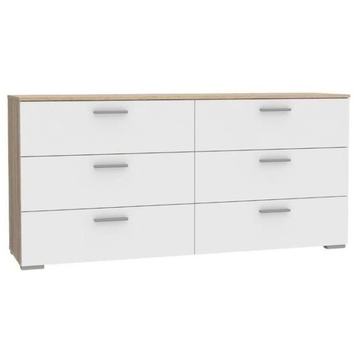 Commode 6 tiroirs - Décor chene et blanc mat - Contemporain - L 159,9