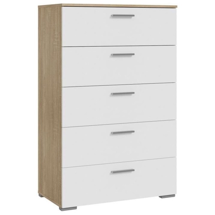 Commode BASJANA - 5 tiroirs - Décor chene sonoma et blanc mat - L80,2
