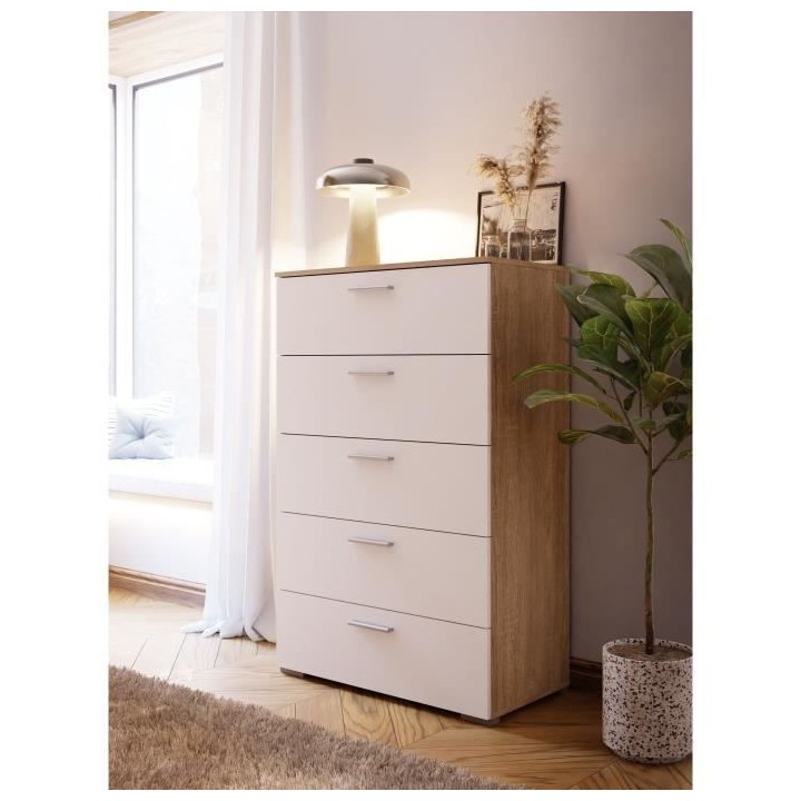 Commode BASJANA - 5 tiroirs - Décor chene sonoma et blanc mat - L80,2
