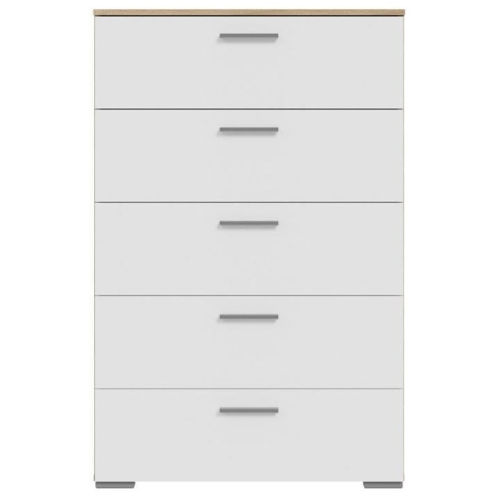 Commode BASJANA - 5 tiroirs - Décor chene sonoma et blanc mat - L80,2