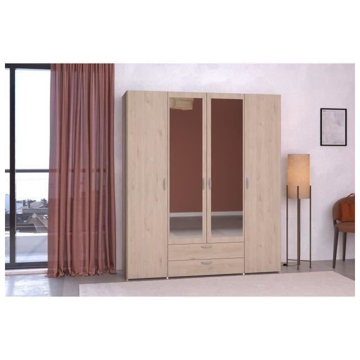 Armoire VARIA - Décor chene et blanc - 4 portes - 2 tiroirs - Portes