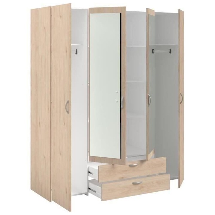 Armoire VARIA - Décor chene et blanc - 4 portes - 2 tiroirs - Portes