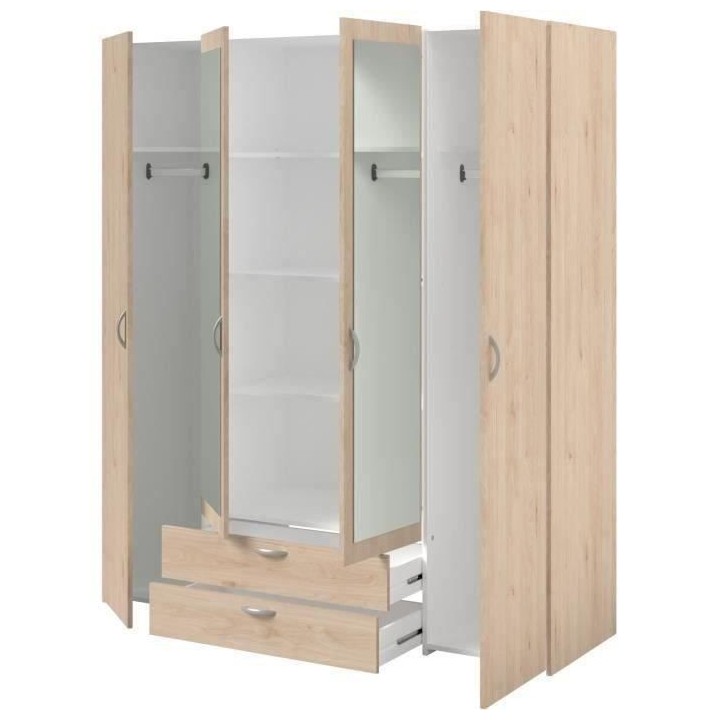 Armoire VARIA - Décor chene et blanc - 4 portes - 2 tiroirs - Portes