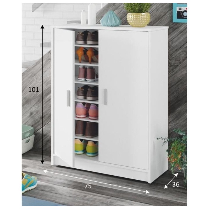 Meuble a chaussures armoire BASIC - 2 portes + 6 étageres - Mélamin