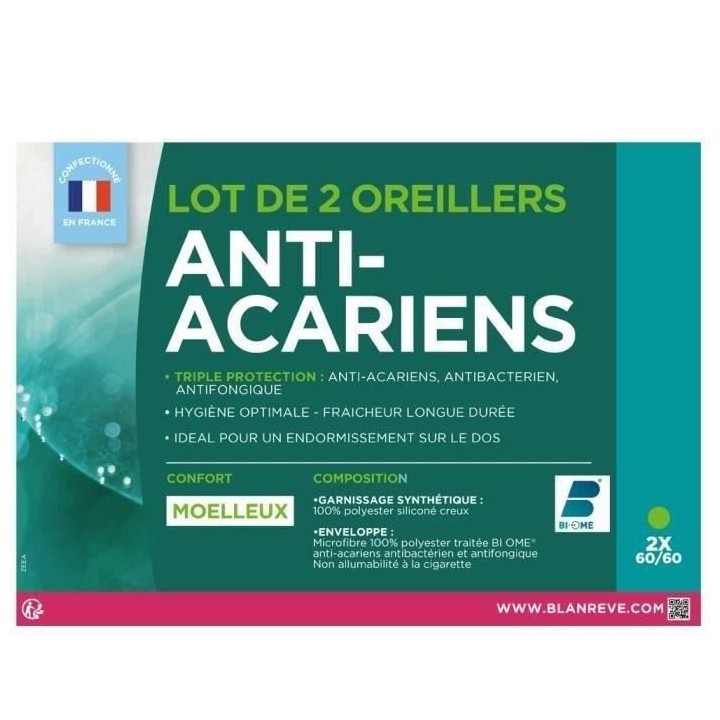 BLANREVE Lot de 2 Oreillers Triple Protection - 60 x 60 cm - Blanc