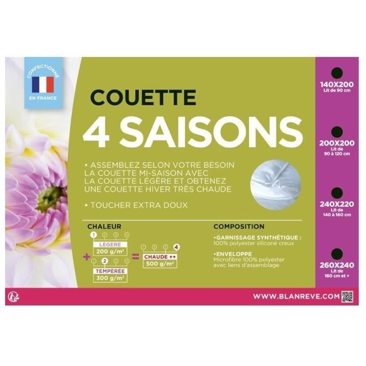 BLANREVE Couette 4 saisons - 220 x 240 cm - Blanc
