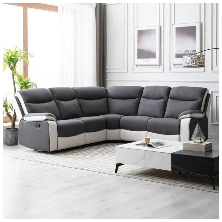 Canapé d'angle relax manuel - 5 places - HARVEY - Tissu gris et simil