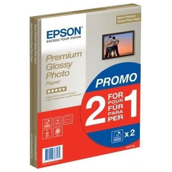 Papier photo brillant premium - EPSON - A4 - 255g/m2 - 2x15 feuilles