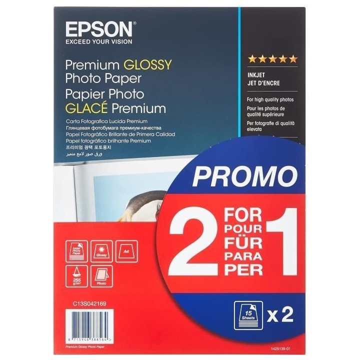 Papier photo brillant premium - EPSON - A4 - 255g/m2 - 2x15 feuilles