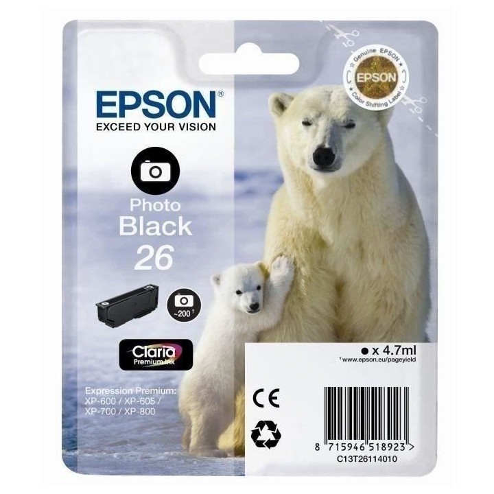 EPSON Cartouche d'encre T2611 Noir photo - Ours Polaire (C13T26114010)