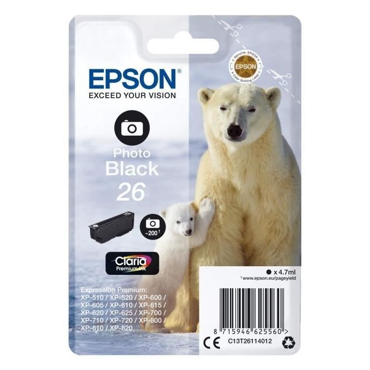 EPSON Cartouche d'encre T2611 Noir photo - Ours Polaire (C13T26114010)