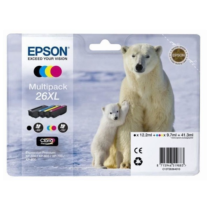 EPSON Multipack T2636 XL - Ours Polaire - Noir, Cyan, Jaune, Magenta (