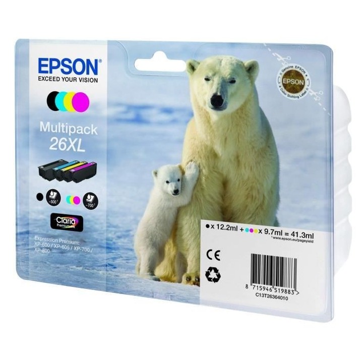 EPSON Multipack T2636 XL - Ours Polaire - Noir, Cyan, Jaune, Magenta (