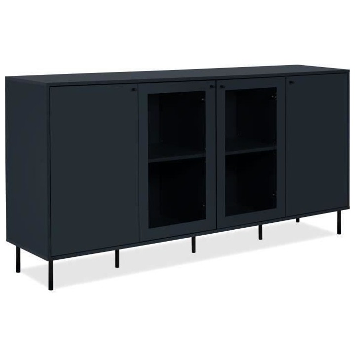 Buffet bas - CARACAS - Décor bleu navy - 2 portes vitrées + 2 portes