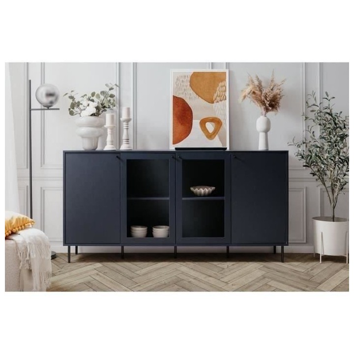 Buffet bas - CARACAS - Décor bleu navy - 2 portes vitrées + 2 portes