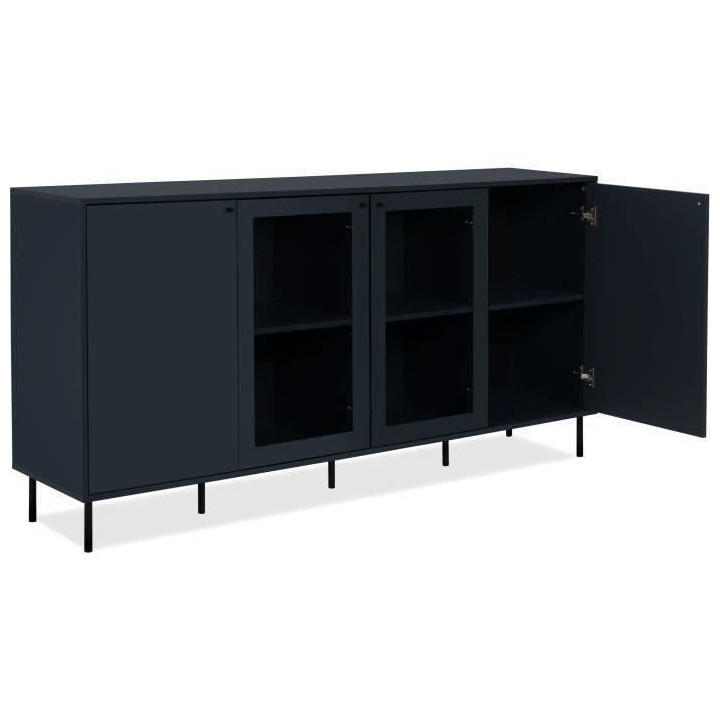 Buffet bas - CARACAS - Décor bleu navy - 2 portes vitrées + 2 portes