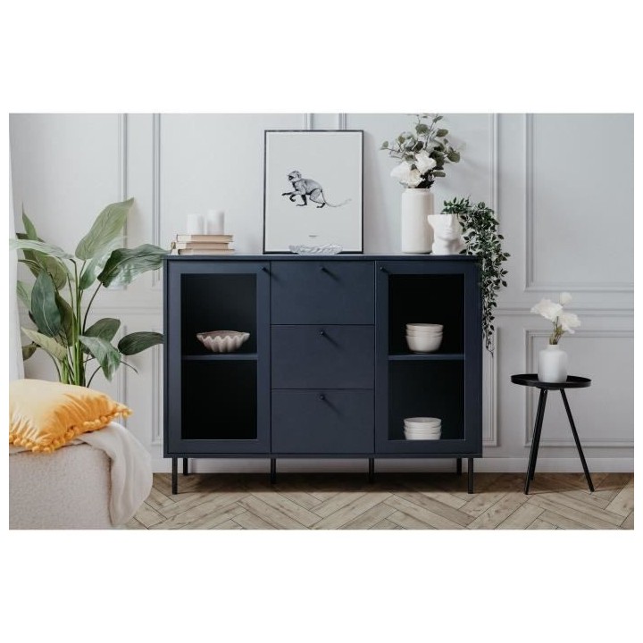 Buffet salle a manger CARACAS - Décor bleu navy - 2 portes vitrées +