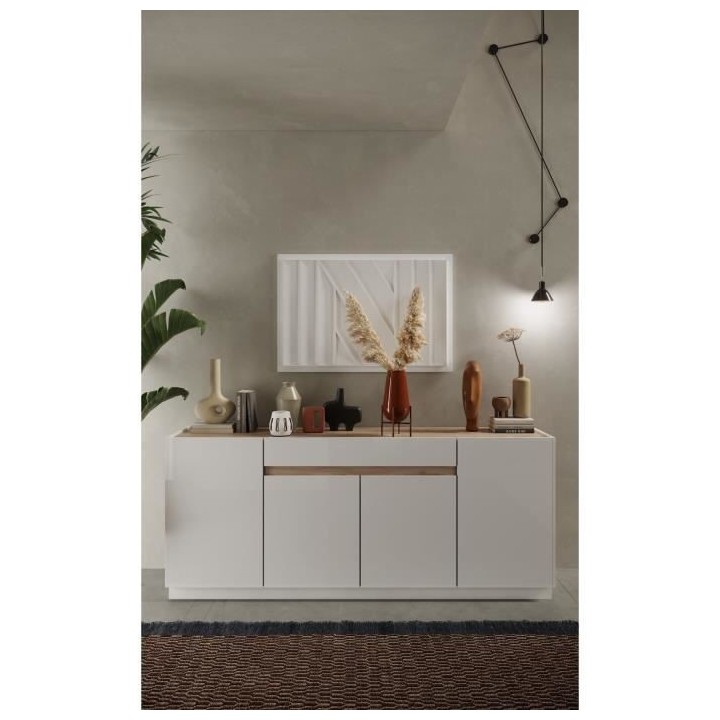 Buffet FIRENZE - Décor Blanc Laqué et Chene Cadiz - 4 portes 1 tiroi