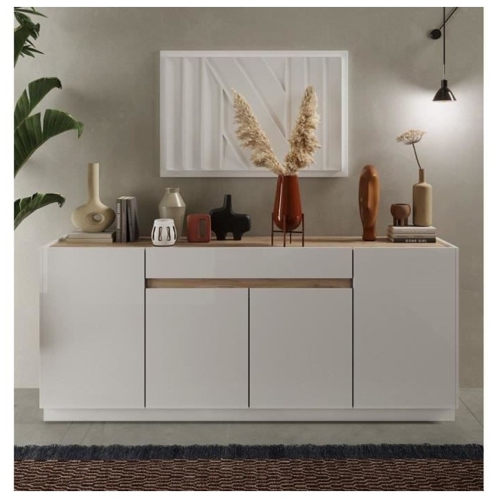 Buffet FIRENZE - Décor Blanc Laqué et Chene Cadiz - 4 portes 1 tiroi