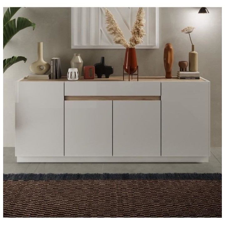Buffet FIRENZE - Décor Blanc Laqué et Chene Cadiz - 4 portes 1 tiroi