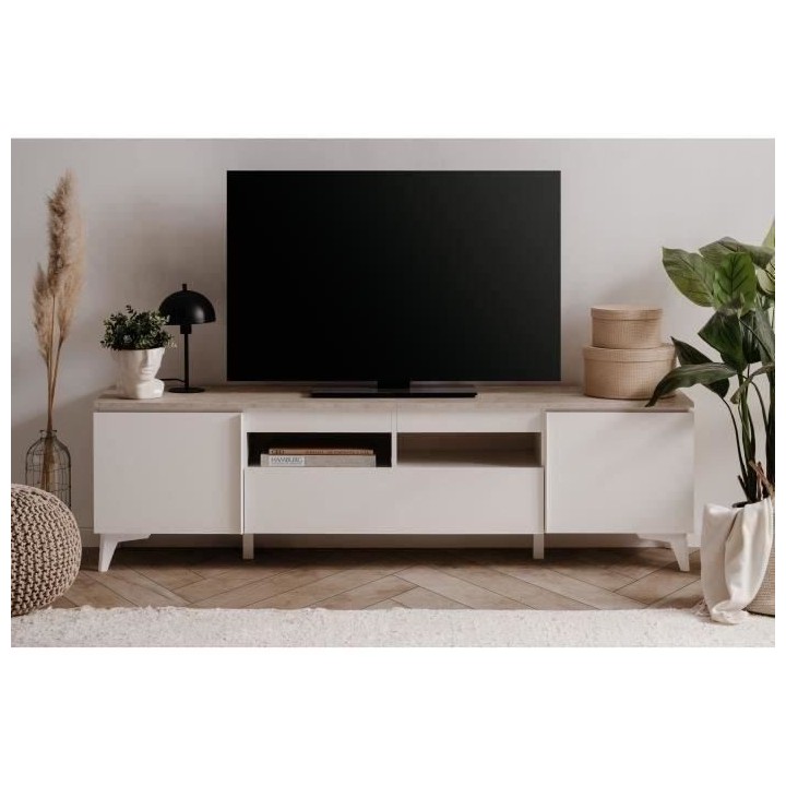 Meuble TV Bertrix 56A - Décor travertin / blanc - Panneaux de particu
